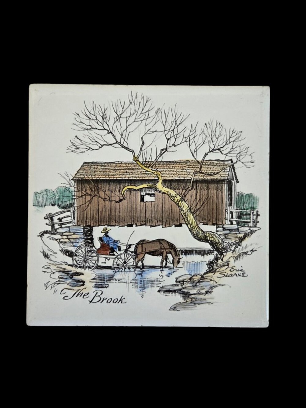 Vintage Eric Sloane The Brook Tile Trivet Horse Buggy Covered Bridge 6" Square